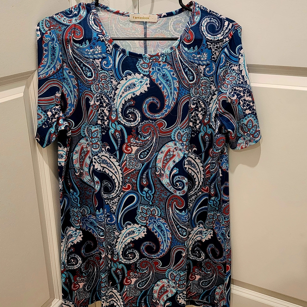Short Sleeve Paisley Dress - Blue and Red